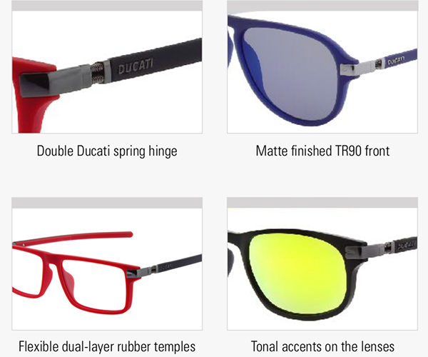 Ducati Sports Motorcycle Prescription Sunglasses and Glasses Brand hinges, temple arms and lenses