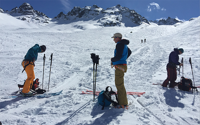 Taking a break after skiing down from the col at the top of the Rauhkopf glacier far right