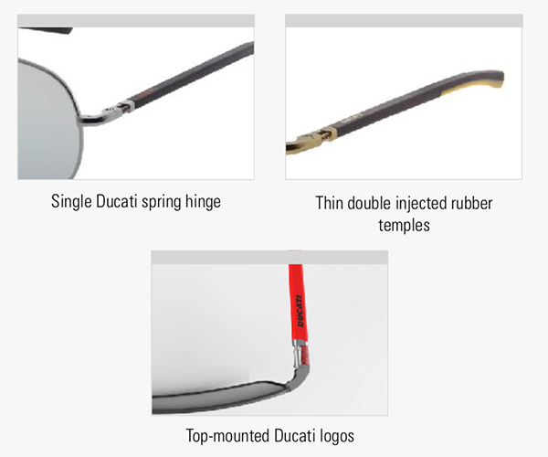 Ducati Everyday capsule Sports Motorcycle Prescription Sunglasses and Glasses hinges, temple arms and logo 