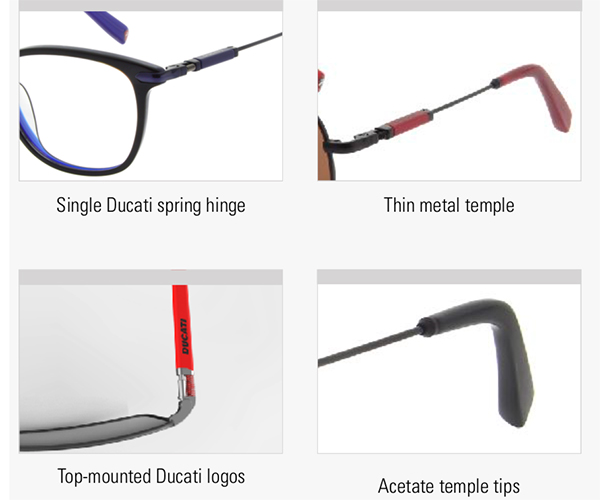 Ducati Vintage capsule Sports Motorcycle Prescription Sunglasses and Glasses hinges, temple arms and logos 