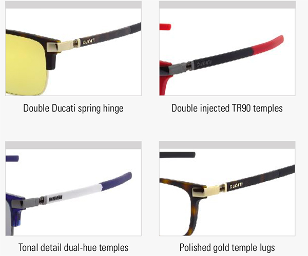 Ducati Active Motorcycle Prescription Sunglasses and Glasses Brand hinges temple arms and lenses
