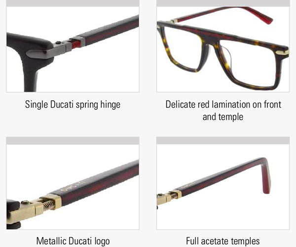 Ducati Deluxe Motorcycle Prescription Sunglasses and Glasses Brand hinges temple arms and lenses